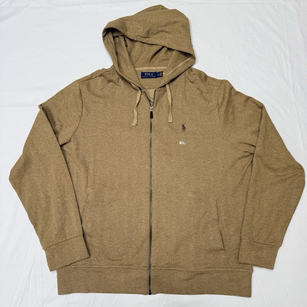 NWOT Polo Ralph Lauren Men's XL Brown Herringbone Full Zip Double Knit Hood Soft